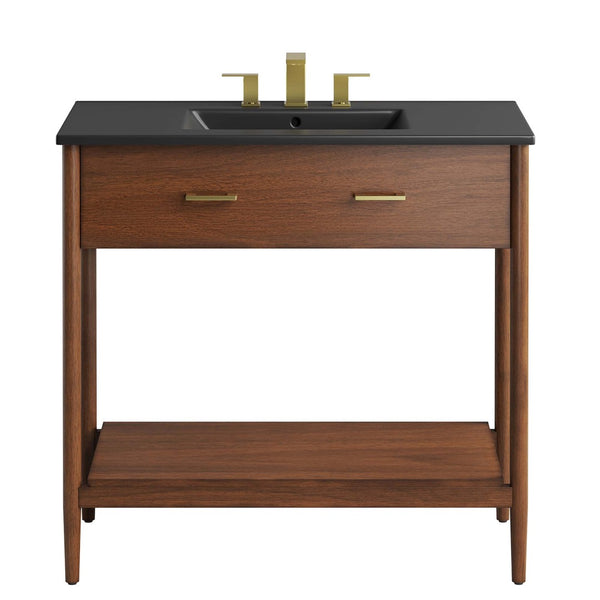 Modway Furniture Zaire 36" Bathroom Vanity - Mid-Century Modern Design with Durable Ceramic Basin and Ample Storage Walnut Black EEI-6823-WAL-BLK