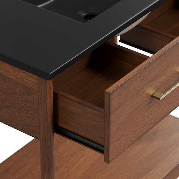 Modway Furniture Zaire 36" Bathroom Vanity - Mid-Century Modern Design with Durable Ceramic Basin and Ample Storage Walnut Black EEI-6823-WAL-BLK