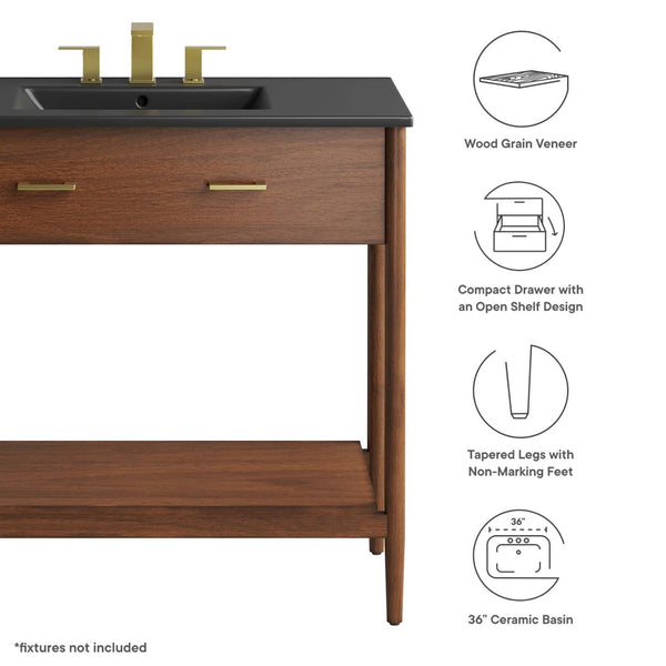 Modway Furniture Zaire 36" Bathroom Vanity - Mid-Century Modern Design with Durable Ceramic Basin and Ample Storage Walnut Black EEI-6823-WAL-BLK