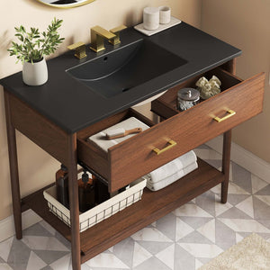 Modway Furniture Zaire 36" Bathroom Vanity - Mid-Century Modern Design with Durable Ceramic Basin and Ample Storage Walnut Black EEI-6823-WAL-BLK