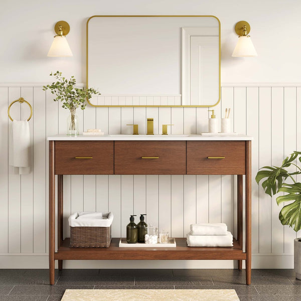 Modway Furniture Zaire 48" Single Sink Bathroom Vanity - Mid-Century Modern Design with Ample Storage Solutions Walnut White EEI-6824-WAL-WHI
