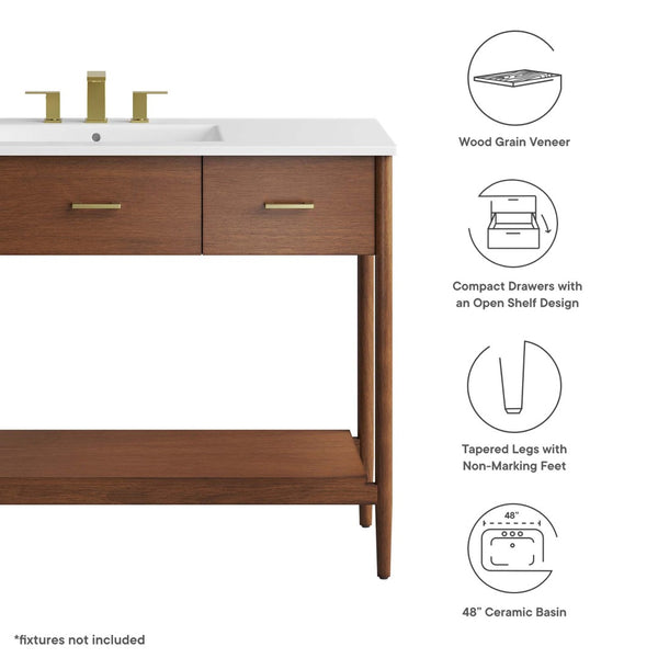 Modway Furniture Zaire 48" Single Sink Bathroom Vanity - Mid-Century Modern Design with Ample Storage Solutions Walnut White EEI-6824-WAL-WHI