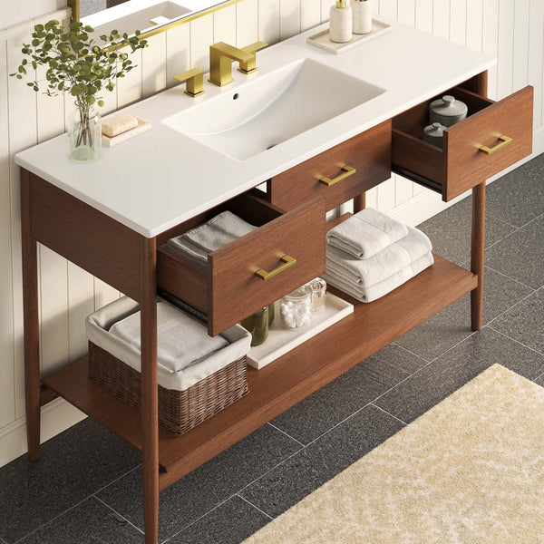 Modway Furniture Zaire 48" Single Sink Bathroom Vanity - Mid-Century Modern Design with Ample Storage Solutions Walnut White EEI-6824-WAL-WHI