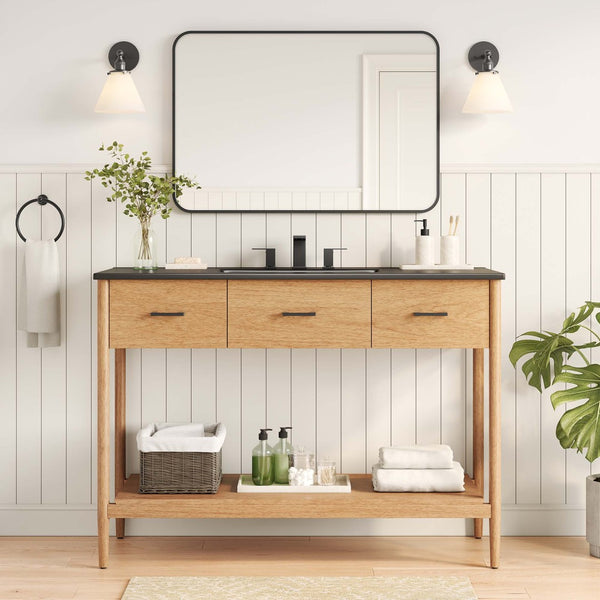 Modway Furniture Zaire 48" Single Sink Bathroom Vanity - Mid-Century Modern Elegance with Ample Storage Solutions Natural Black EEI-6825-NAT-BLK