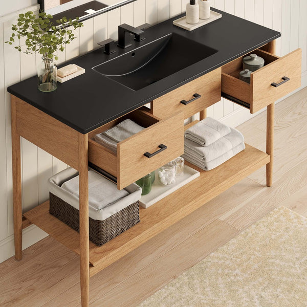 Modway Furniture Zaire 48" Single Sink Bathroom Vanity - Mid-Century Modern Elegance with Ample Storage Solutions Natural Black EEI-6825-NAT-BLK