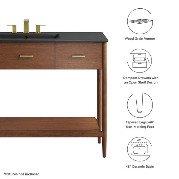 Modway Furniture Zaire 48" Single Sink Bathroom Vanity - Mid-Century Modern Elegance with Ample Storage Solutions Walnut Black EEI-6825-WAL-BLK