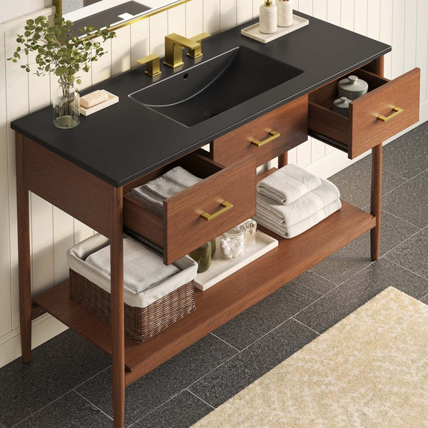 Modway Furniture Zaire 48" Single Sink Bathroom Vanity - Mid-Century Modern Elegance with Ample Storage Solutions Walnut Black EEI-6825-WAL-BLK