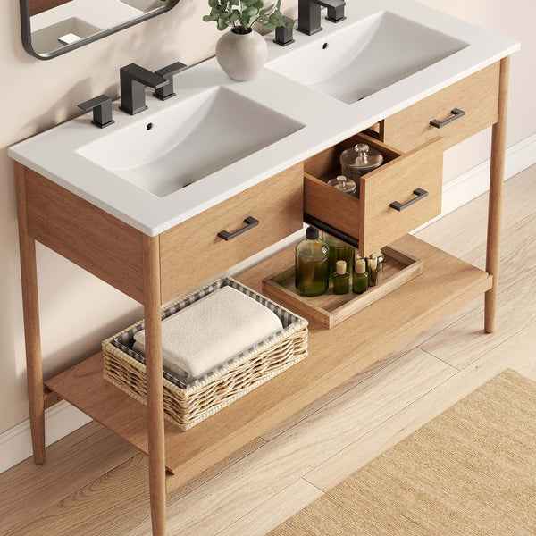 Modway Furniture Zaire 48" Double Sink Bathroom Vanity - Modern Mid-Century Design with Ample Storage & Style Natural White EEI-6826-NAT-WHI