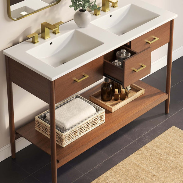 Modway Furniture Zaire 48" Double Sink Bathroom Vanity - Modern Mid-Century Design with Ample Storage & Style Walnut White EEI-6826-WAL-WHI