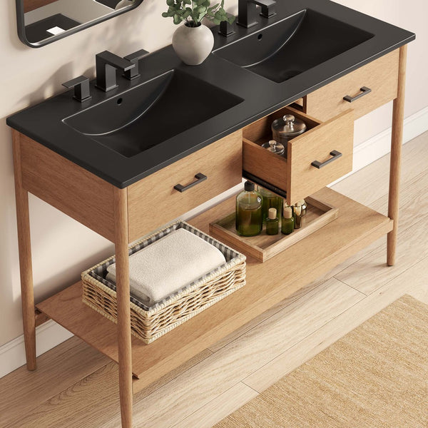 Modway Furniture Zaire 48" Double Sink Bathroom Vanity with Modern Mid-Century Style and Ample Storage Solutions Natural Black EEI-6827-NAT-BLK