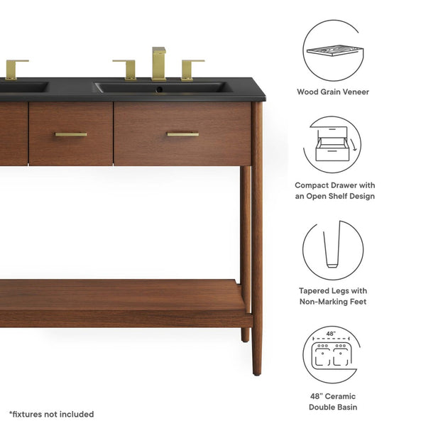 Modway Furniture Zaire 48" Double Sink Bathroom Vanity with Modern Mid-Century Style and Ample Storage Solutions Walnut Black EEI-6827-WAL-BLK