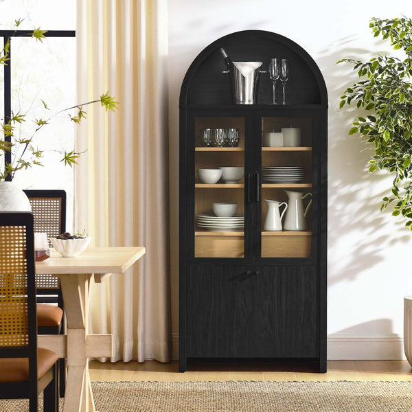 Modway Furniture Evie Arched Tall Display Cabinet - Modern Black Oak Storage with Glass Doors & Adjustable Shelves EEI-6834-BLK-OAK