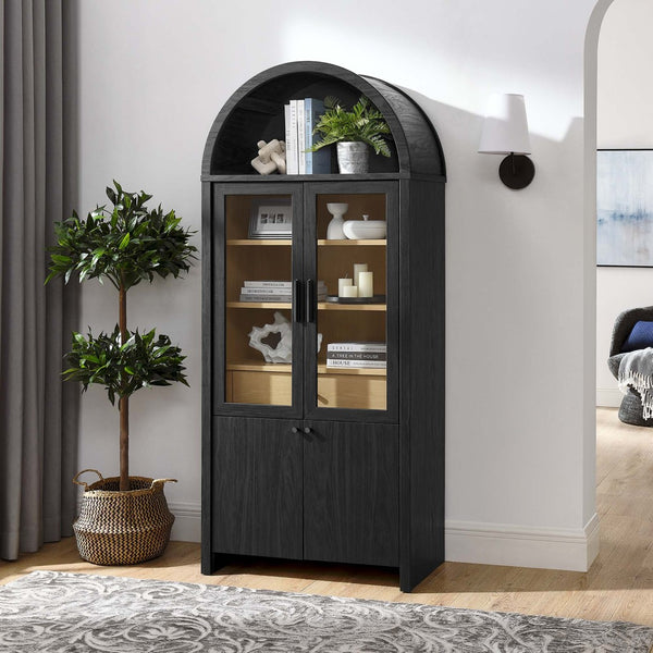 Modway Furniture Evie Arched Tall Display Cabinet - Modern Black Oak Storage with Glass Doors & Adjustable Shelves EEI-6834-BLK-OAK
