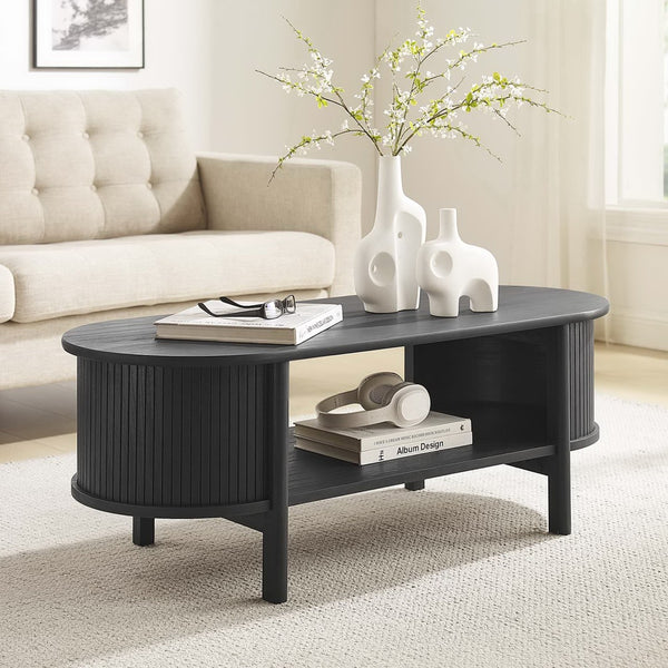 Modway Furniture Cadence Coffee Table - Mid-Century Modern Design with Elegant Oval Shape and Functional Storage Solutions Black EEI-6837-BLK