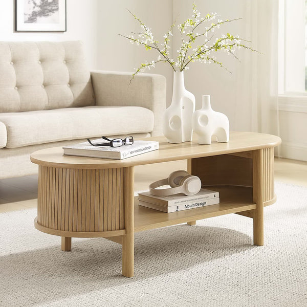 Modway Furniture Cadence Coffee Table - Mid-Century Modern Design with Elegant Oval Shape and Functional Storage Solutions Oak EEI-6837-OAK
