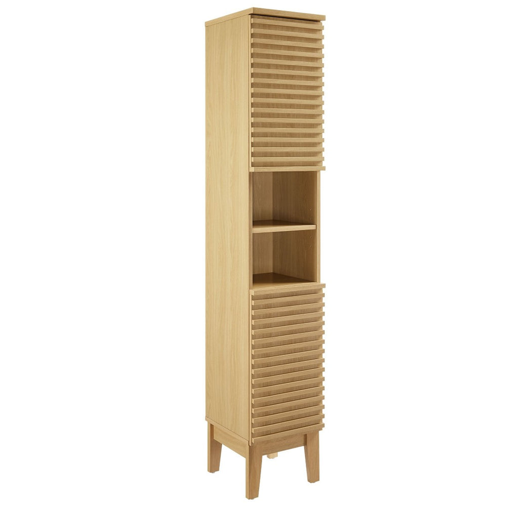 Modway Furniture Render Tall Narrow Bathroom Storage Cabinet - Stylish Mid-Century Design with Smart Organization Features Oak EEI-6851-OAK