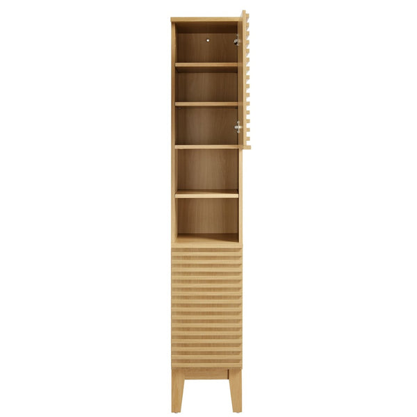 Modway Furniture Render Tall Narrow Bathroom Storage Cabinet - Stylish Mid-Century Design with Smart Organization Features Oak EEI-6851-OAK