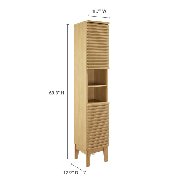 Modway Furniture Render Tall Narrow Bathroom Storage Cabinet - Stylish Mid-Century Design with Smart Organization Features Oak EEI-6851-OAK