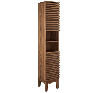 Modway Furniture Render Tall Narrow Bathroom Storage Cabinet - Stylish Mid-Century Design with Smart Organization Features Walnut EEI-6851-WAL