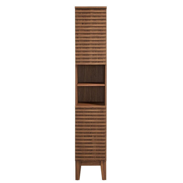 Modway Furniture Render Tall Narrow Bathroom Storage Cabinet - Stylish Mid-Century Design with Smart Organization Features Walnut EEI-6851-WAL