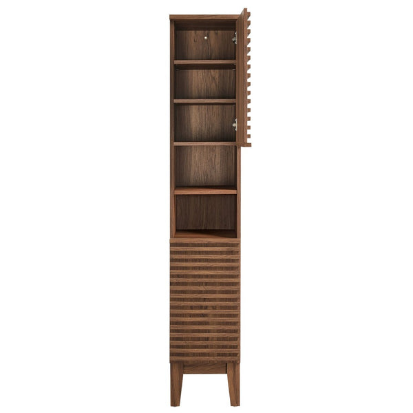 Modway Furniture Render Tall Narrow Bathroom Storage Cabinet - Stylish Mid-Century Design with Smart Organization Features Walnut EEI-6851-WAL