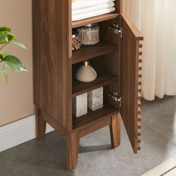 Modway Furniture Render Tall Narrow Bathroom Storage Cabinet - Stylish Mid-Century Design with Smart Organization Features Walnut EEI-6851-WAL