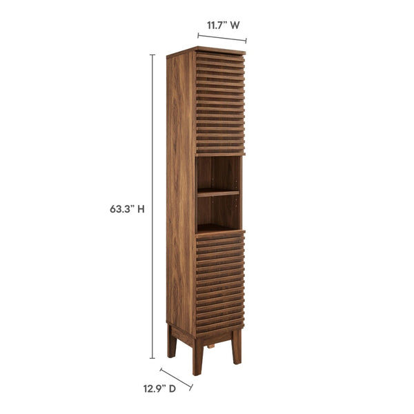 Modway Furniture Render Tall Narrow Bathroom Storage Cabinet - Stylish Mid-Century Design with Smart Organization Features Walnut EEI-6851-WAL