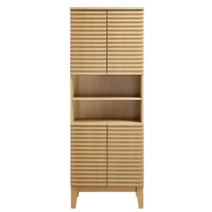 Modway Furniture Render Tall Bathroom Storage Cabinet - Mid-Century Modern Design with Soft-Close Doors and Shelves Oak EEI-6852-OAK