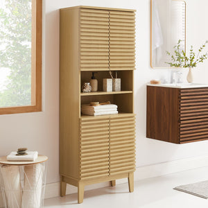 Modway Furniture Render Tall Bathroom Storage Cabinet - Mid-Century Modern Design with Soft-Close Doors and Shelves Oak EEI-6852-OAK