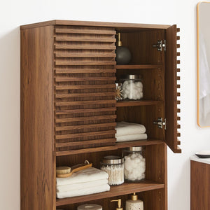 Modway Furniture Render Tall Bathroom Storage Cabinet - Mid-Century Modern Design with Soft-Close Doors and Shelves Walnut EEI-6852-WAL
