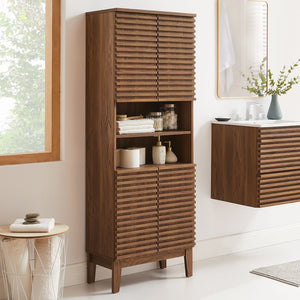 Modway Furniture Render Tall Bathroom Storage Cabinet - Mid-Century Modern Design with Soft-Close Doors and Shelves Walnut EEI-6852-WAL