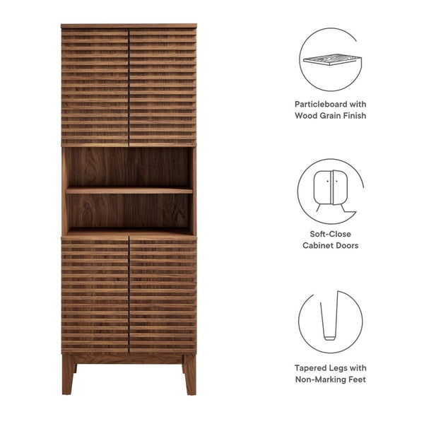 Modway Furniture Render Tall Bathroom Storage Cabinet - Mid-Century Modern Design with Soft-Close Doors and Shelves Walnut EEI-6852-WAL