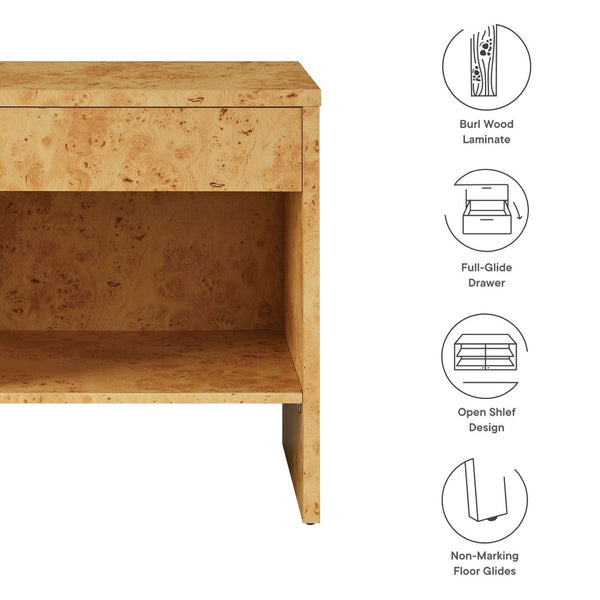 Modway Furniture Hudson 1-Drawer Nightstand with Open Shelf - Mid-Century Modern Burl Wood Accent Table, Natural Finish EEI-6856-BUR