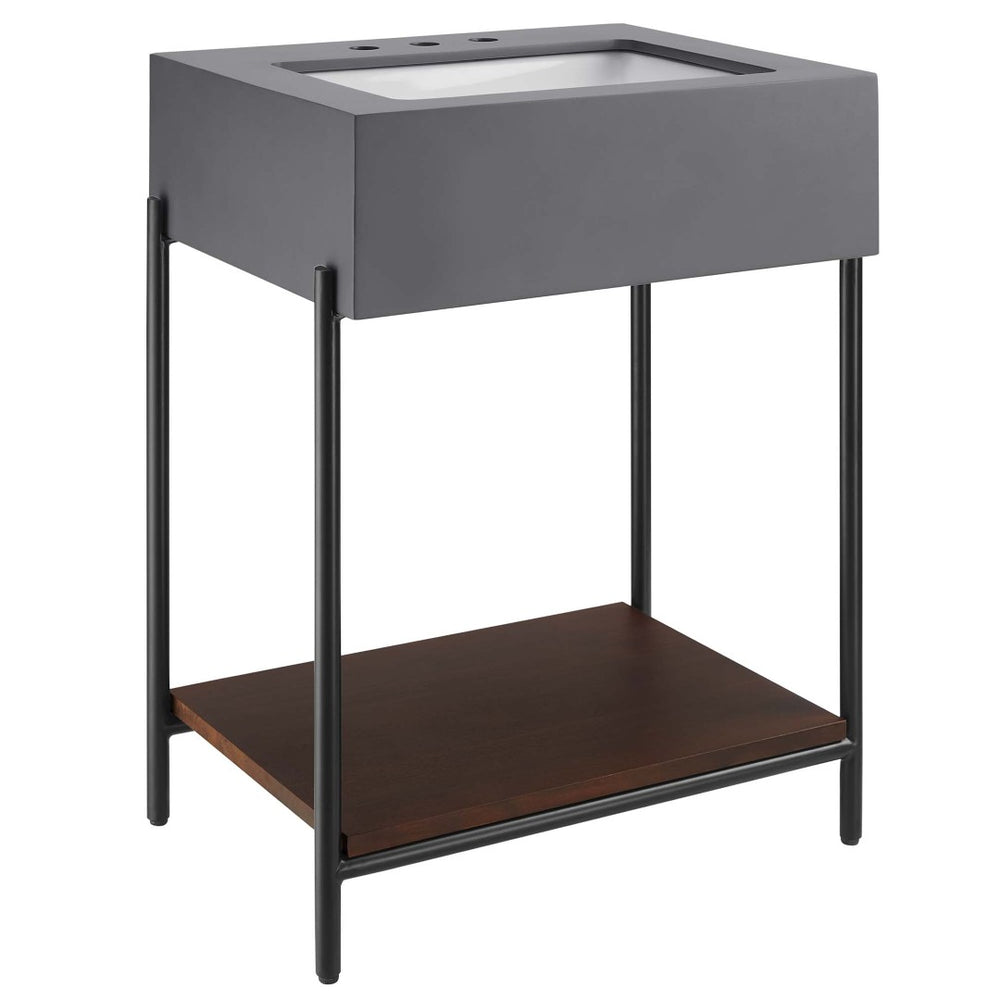 Modway Furniture Etch 24" Bathroom Vanity with Raw Concrete Top & Open Acacia Shelf – Modern Industrial Design EEI-6861-BLK-WHI