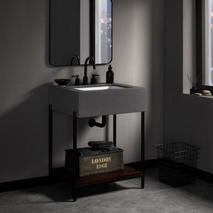 Modway Furniture Etch 24" Bathroom Vanity with Raw Concrete Top & Open Acacia Shelf – Modern Industrial Design EEI-6861-BLK-WHI