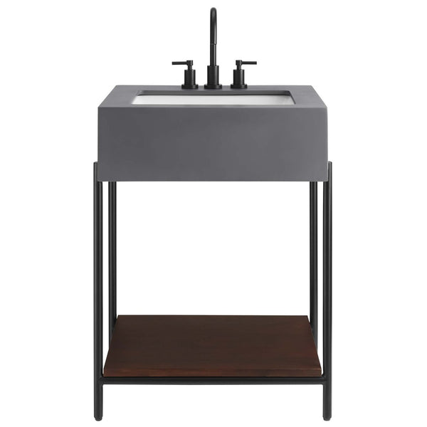 Modway Furniture Etch 24" Bathroom Vanity with Raw Concrete Top & Open Acacia Shelf – Modern Industrial Design EEI-6861-BLK-WHI