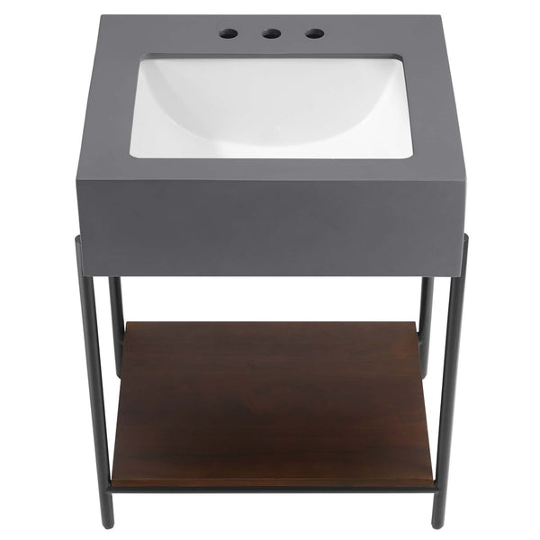 Modway Furniture Etch 24" Bathroom Vanity with Raw Concrete Top & Open Acacia Shelf – Modern Industrial Design EEI-6861-BLK-WHI
