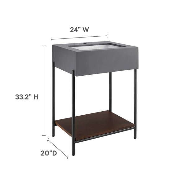 Modway Furniture Etch 24" Bathroom Vanity with Raw Concrete Top & Open Acacia Shelf – Modern Industrial Design EEI-6861-BLK-WHI