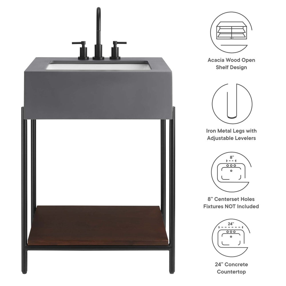 Modway Furniture Etch 24" Bathroom Vanity with Raw Concrete Top & Open Acacia Shelf – Modern Industrial Design EEI-6861-BLK-WHI