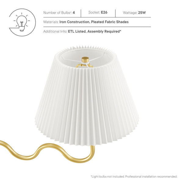 Modway Furniture Wave Squiggle 4-Arm Pendant Light - Sculptural Elegance with Pleated Shades for Any Space Brass EEI-6875-BRA
