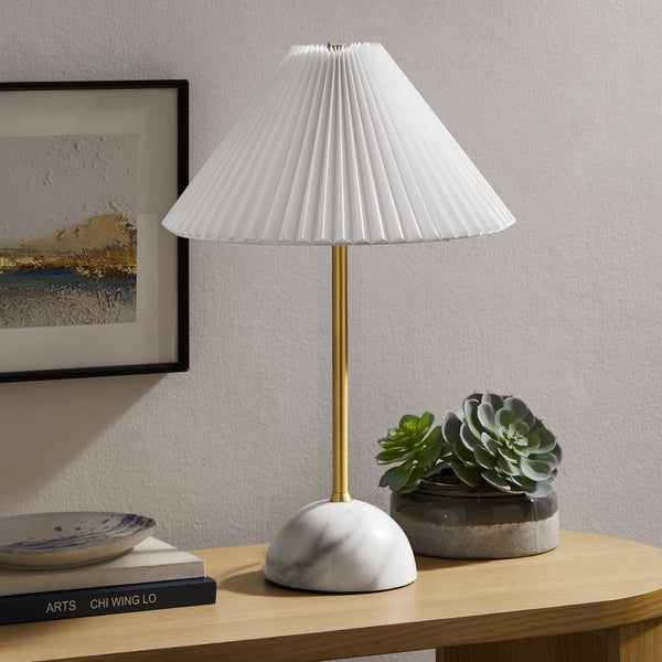 Modway Furniture Illusion Marble Dome Table Lamp – Elegant Accent Light with Pleated Shade for Modern Decor Spaces Brass EEI-6878-BRA