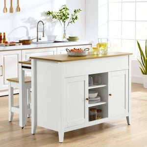 Modway Furniture Garland 3-Piece Farmhouse Kitchen Island Set with Backless Stools, Butcher Block Top & Storage Solutions EEI-6894-OAK-WHI