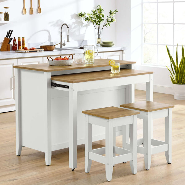 Modway Furniture Garland 3-Piece Farmhouse Kitchen Island Set with Backless Stools, Butcher Block Top & Storage Solutions EEI-6894-OAK-WHI