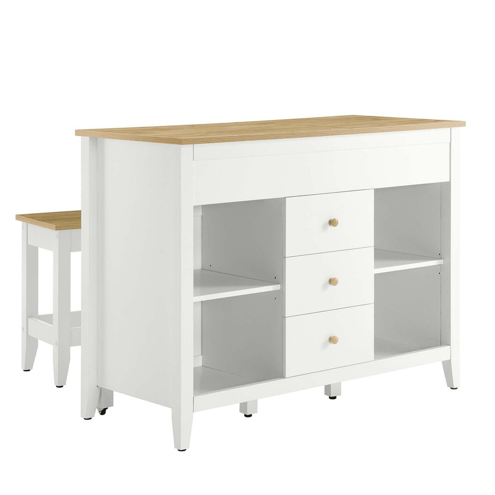 Modway Furniture Farmstead 3-Piece Kitchen Island and Stool Set - Versatile Oak White with Butcher Block Style Charm EEI-6895-OAK-WHI