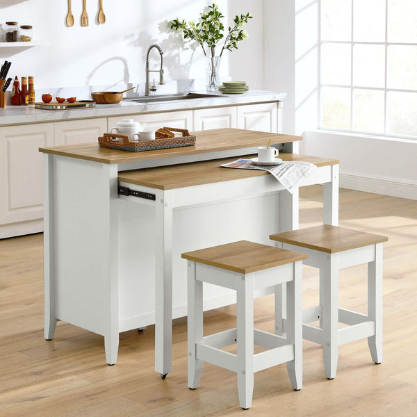 Modway Furniture Farmstead 3-Piece Kitchen Island and Stool Set - Versatile Oak White with Butcher Block Style Charm EEI-6895-OAK-WHI