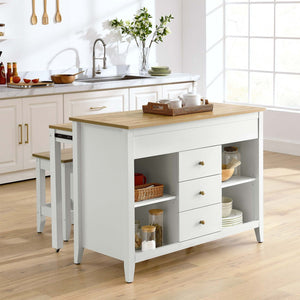 Modway Furniture Farmstead 3-Piece Kitchen Island and Stool Set - Versatile Oak White with Butcher Block Style Charm EEI-6895-OAK-WHI