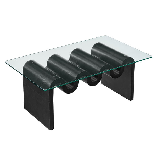Modway Furniture Ondine Glass Top Coffee Table – Striking Wave-Shape Design with Clear Tempered Glass Surface & Stability Black EEI-6900-BLK