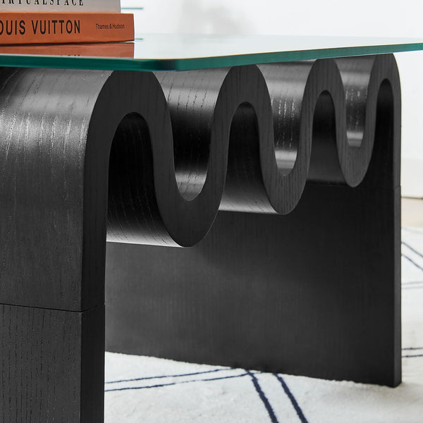 Modway Furniture Ondine Glass Top Coffee Table – Striking Wave-Shape Design with Clear Tempered Glass Surface & Stability Black EEI-6900-BLK