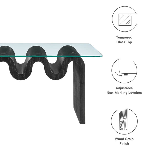 Modway Furniture Ondine Glass Top Coffee Table – Striking Wave-Shape Design with Clear Tempered Glass Surface & Stability Black EEI-6900-BLK