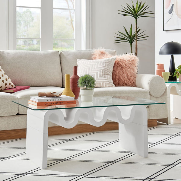 Modway Furniture Ondine Glass Top Coffee Table – Striking Wave-Shape Design with Clear Tempered Glass Surface & Stability White EEI-6900-WHI